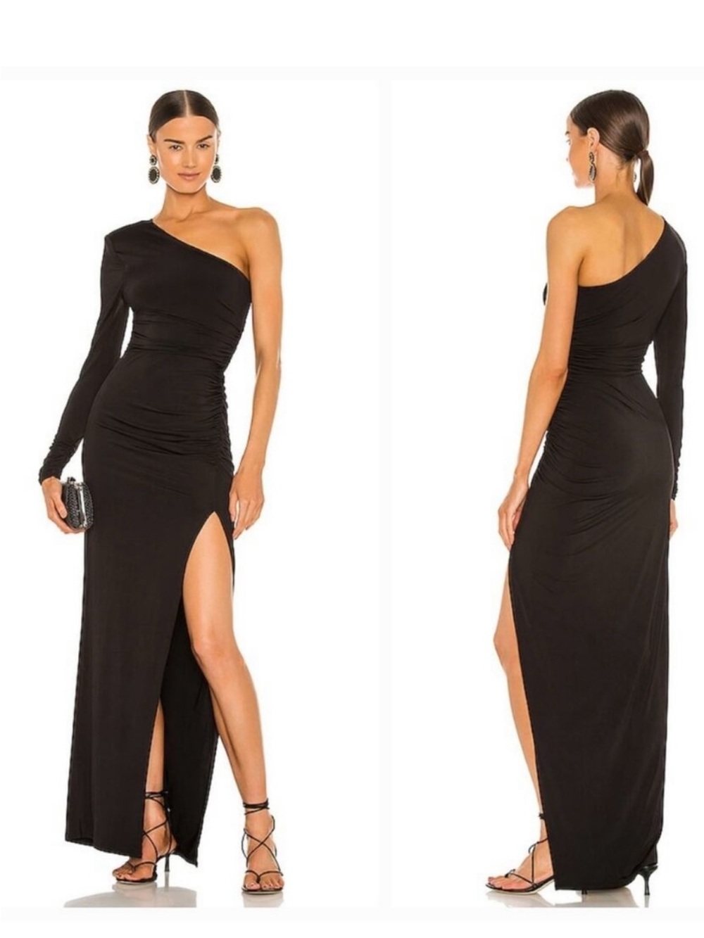 Michael Costello Black One-Shoulder Ruched Maxi Gown with High Slit